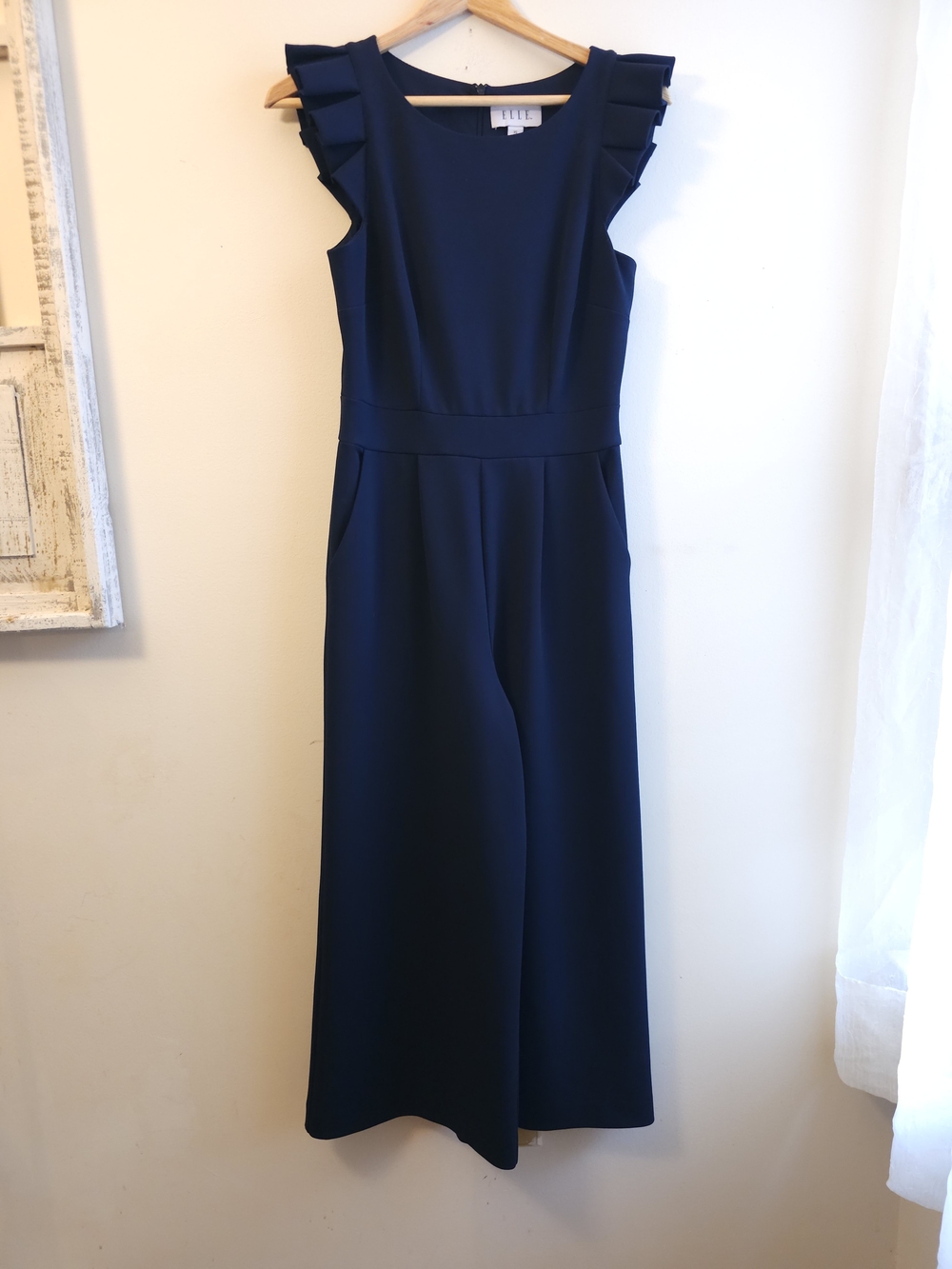 ELLE Navy Ruffle-Shoulder Wide-Leg Jumpsuit